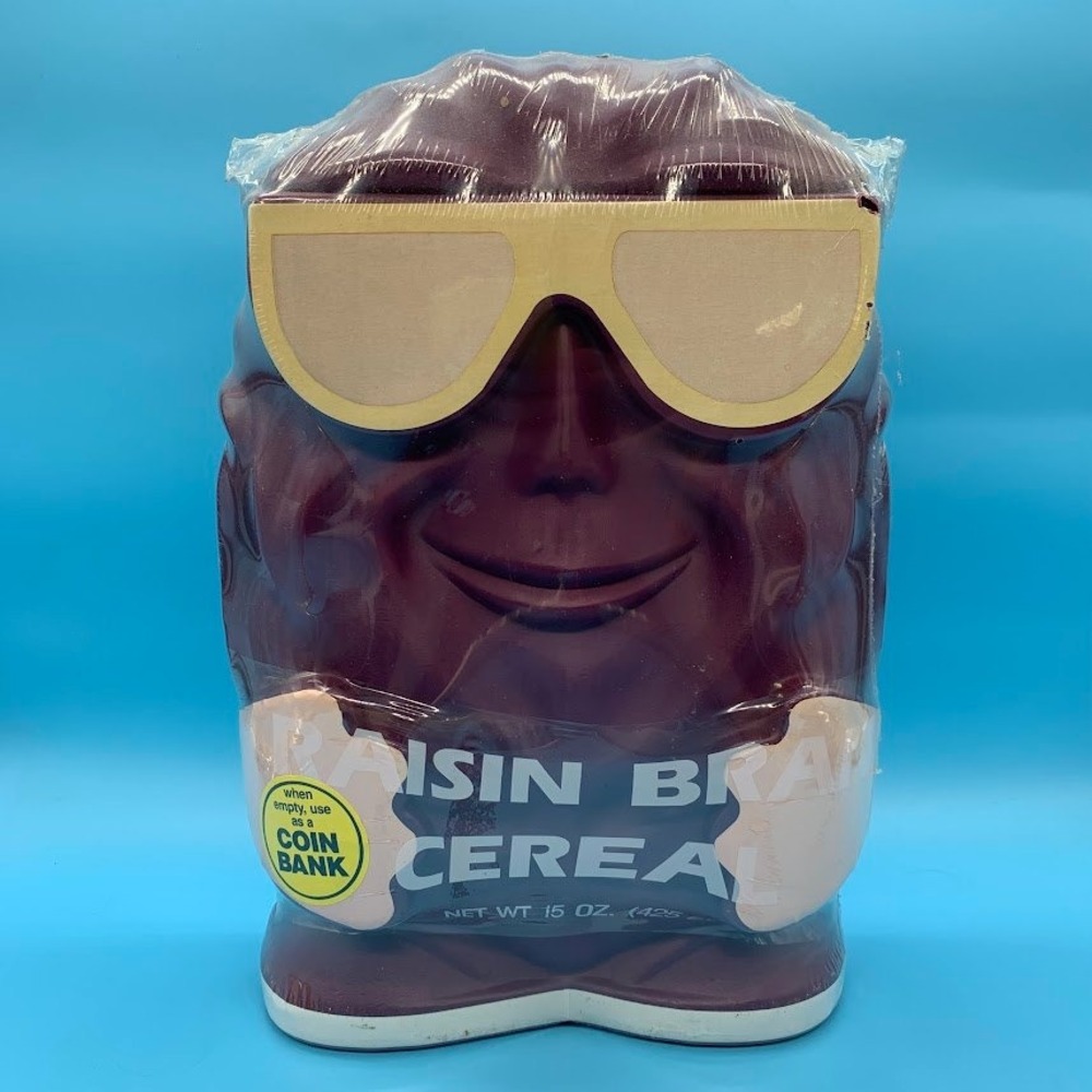 Vintage Post Raisin Bran Cereal Character Coin Bank Plastic Mascot Sunglasses